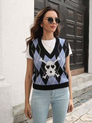 Skull Jacquard Rhombus Halloween Sweater Women Autumn Winter Knitwear Halloween