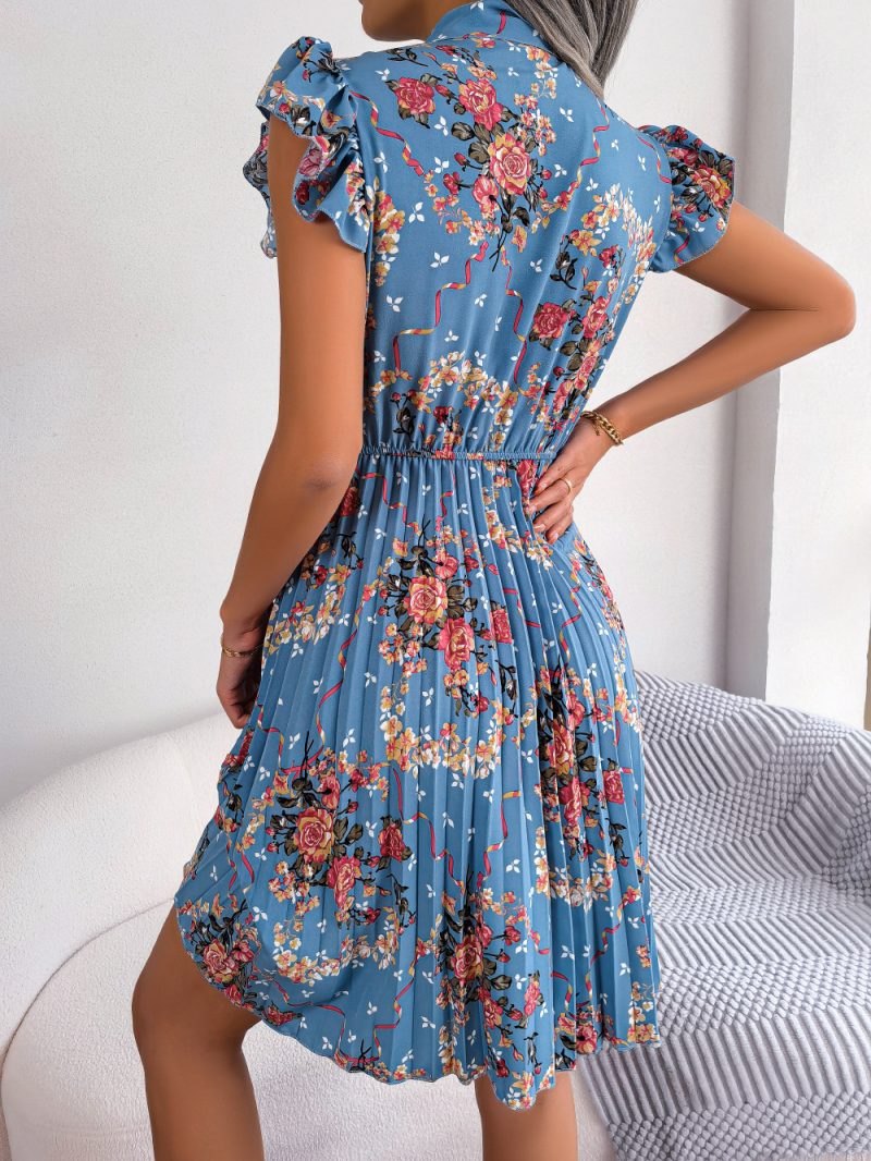 Dignified Floral Lace-Up Waist Pleated Dress - Image 4