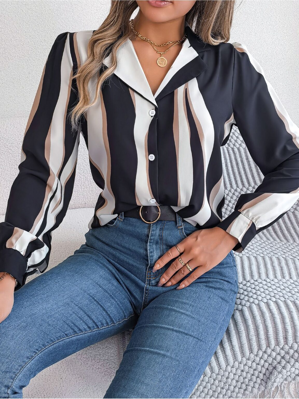 Striped Suit Collar Long Sleeve Shirt for Autumn/Winter - Image 3