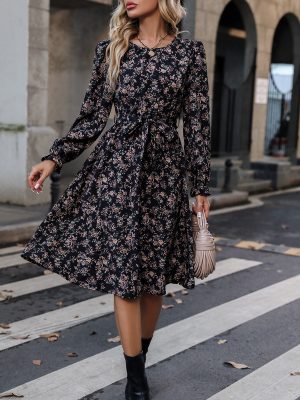 Floral V-Neck Dress for Spring & Autumn