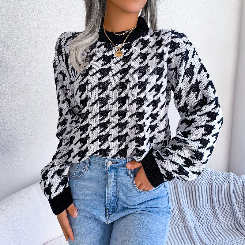 Houndstooth Long Sleeve Knitted Sweater - Image 7