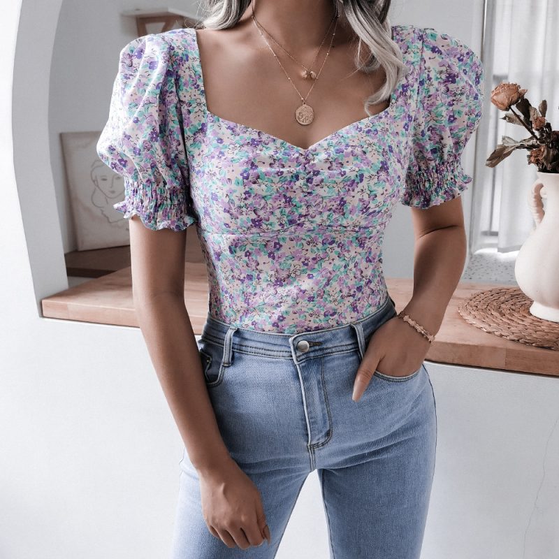 Casual Square Collar Floral Chiffon Blouse - Image 3