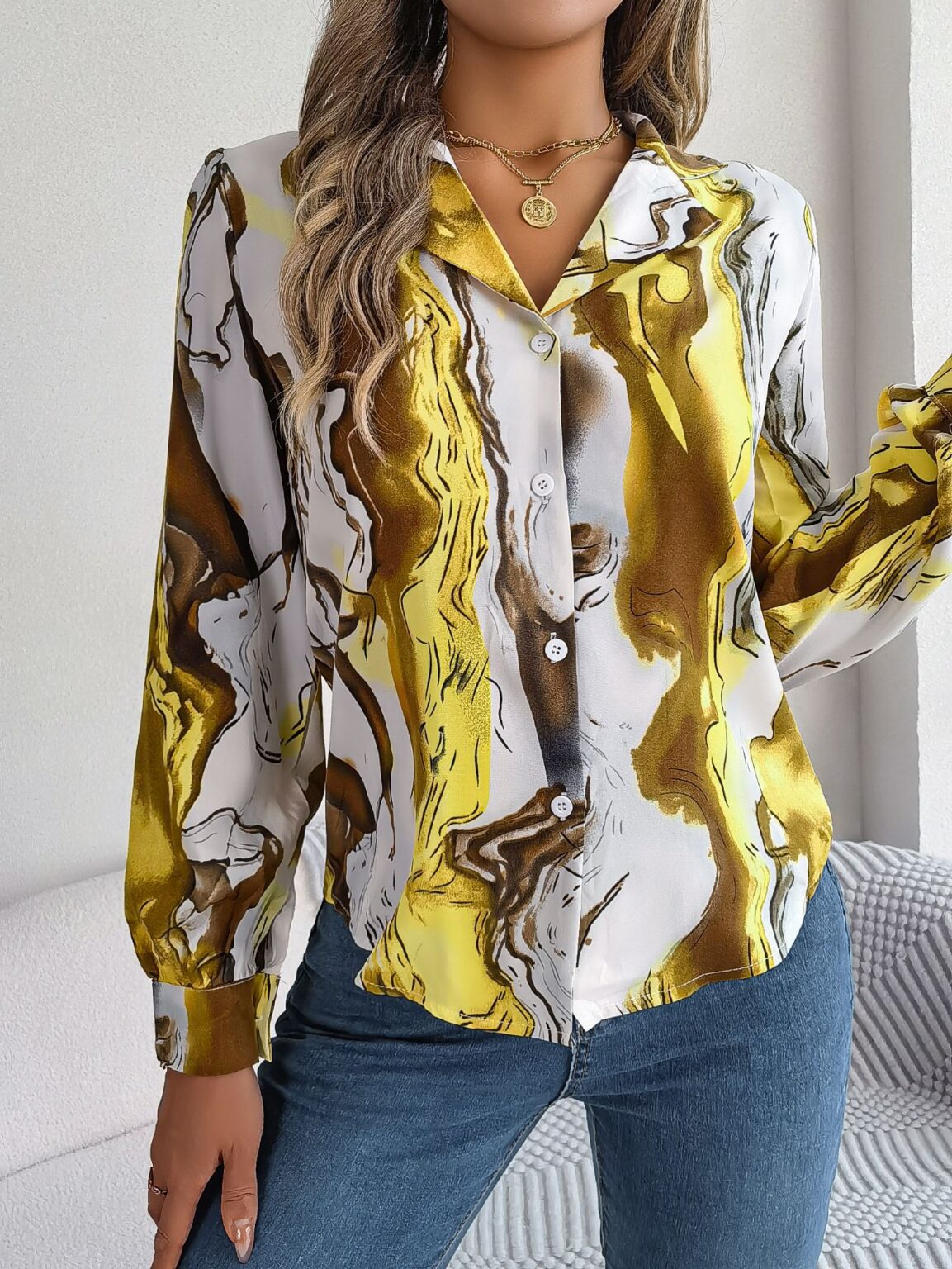 Casual Contrast Striped Collar Long Sleeve Shirt - Image 5