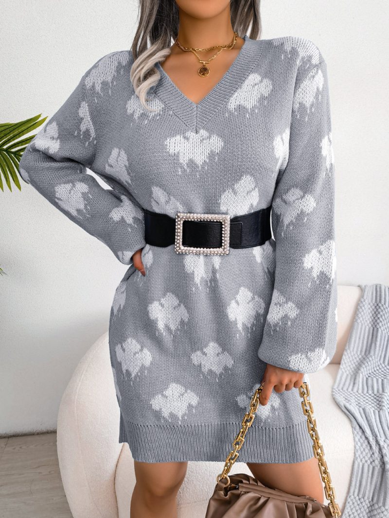 Street-Style Contrast Color Cloud Lantern Sleeve Sweater Dress - Image 6