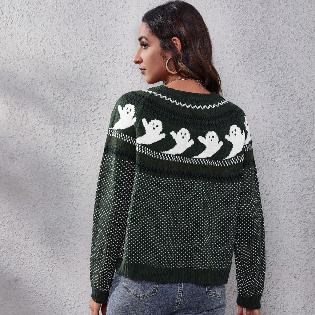 Ghost Skull Jacquard Retro Dots Long-Sleeved Knitted Sweater  Loose Autumn Winter Women Halloween - Image 10