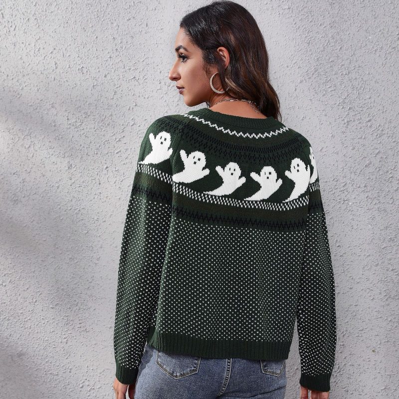 Ghost Skull Jacquard Retro Dots Long-Sleeved Knitted Sweater  Loose Autumn Winter Women Halloween - Image 10