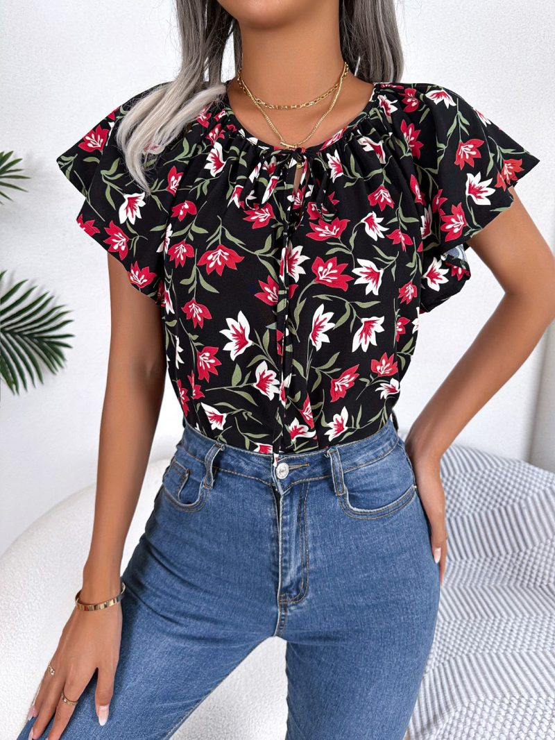 Casual Loose Chiffon Shirt Top with Lotus Leaf Self-Tie - Image 2