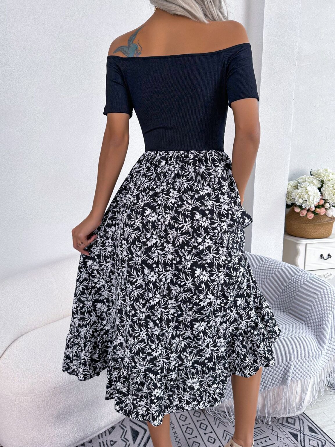 Casual Off-Shoulder Floral Ruffled Midi Dress - Image 7