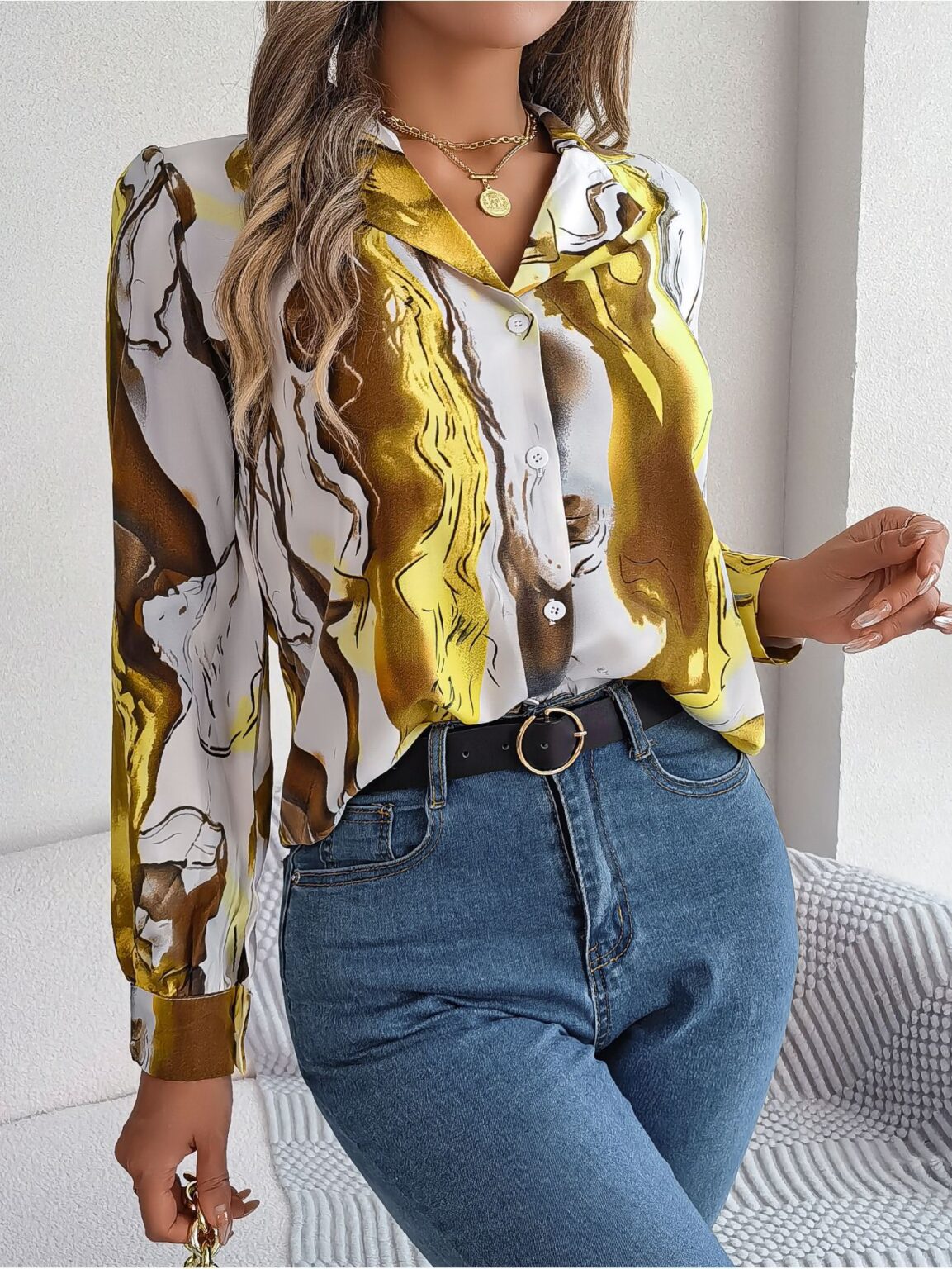 Casual Contrast Striped Collar Long Sleeve Shirt - Image 7