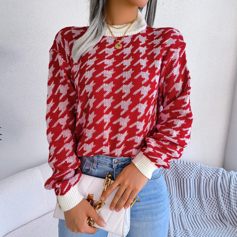 Houndstooth Long Sleeve Knitted Sweater - Image 4