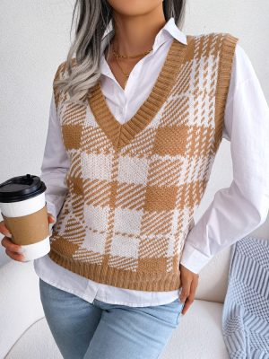 Autumn Winter Casual Color Contrast Check Knitted Vest Sweater Vest Women Clothing