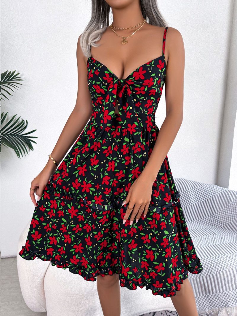 Floral Bow Ruffle Sleeveless Dress - Image 3