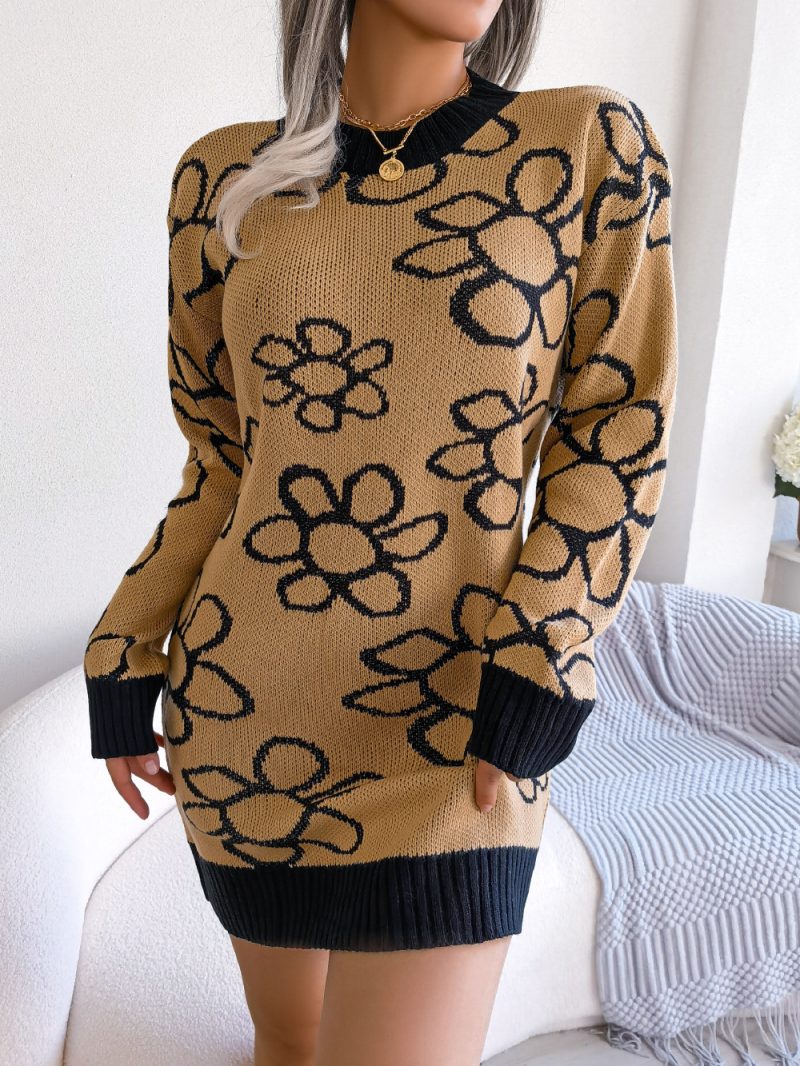 Floral Long Sleeve Knit Wool Dress - Image 7