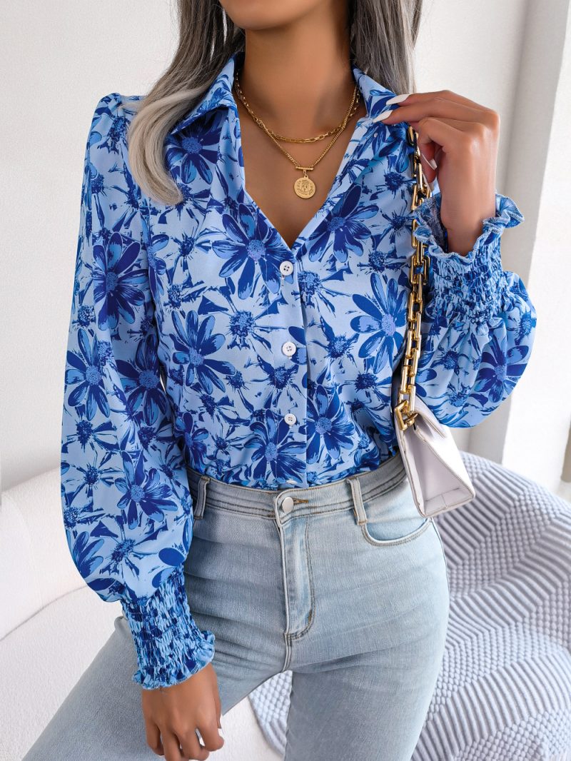 Casual Floral Collared Shirt with Lantern Sleeves - Image 7
