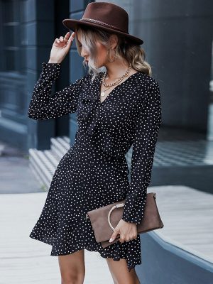 Polka Dot Long Sleeve V-Neck Dress – Autumn Retro Style