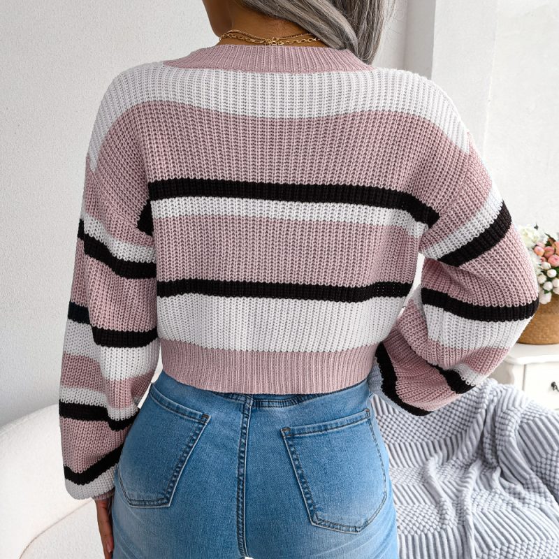 Casual Striped Long Sleeve Cropped Knitted Sweater - Image 5