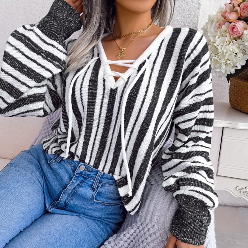 Striped Bandage Lantern Sleeve Sweater - Image 6