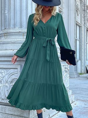 Women Wear Autumn Winter Long Sleeve Pleated Green Dress