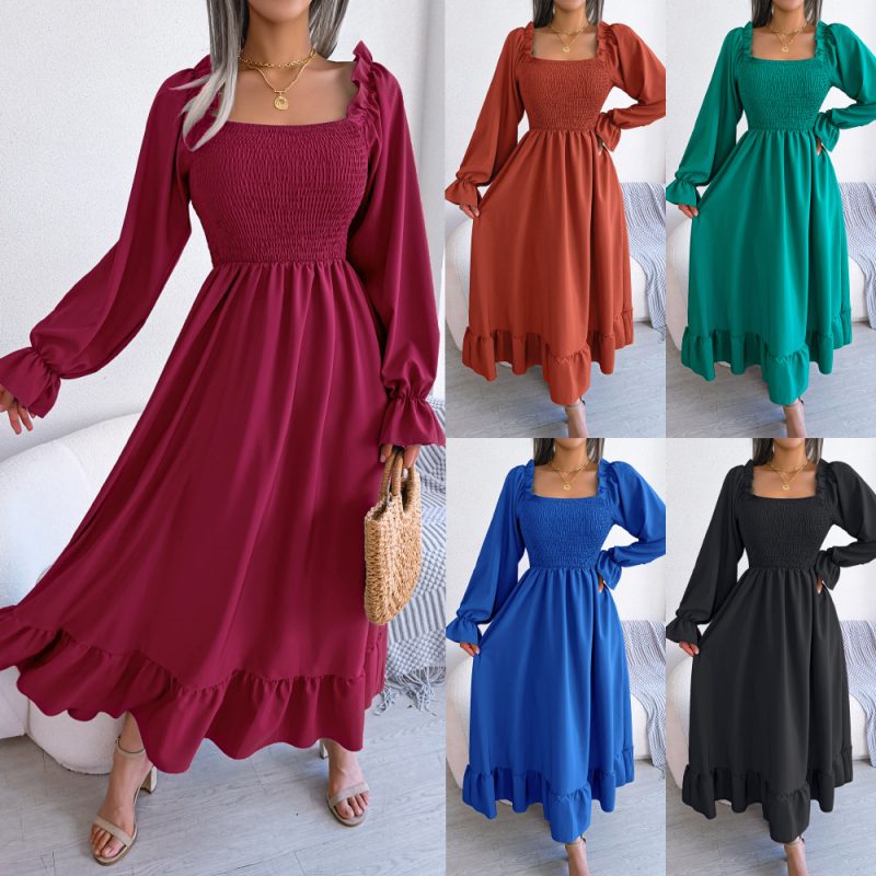 Casual Square Collar Flare Maxi Dress with Large Swing Ruffles - Image 4