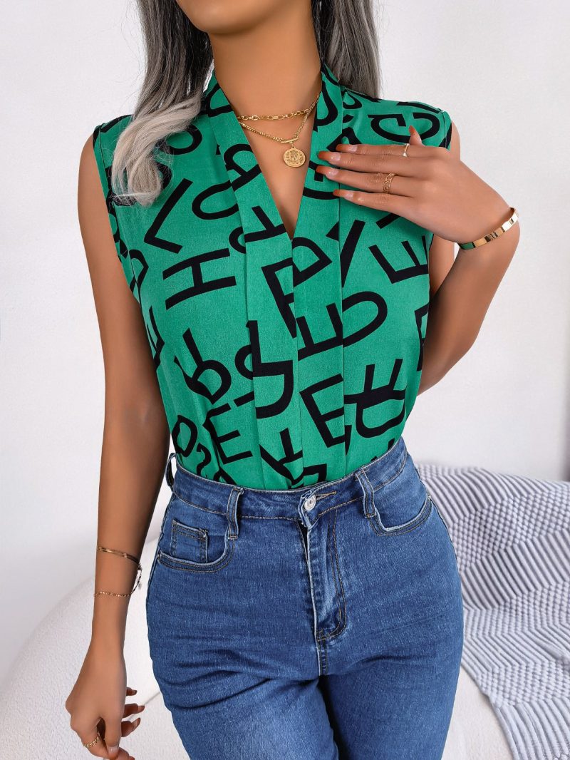 Casual Office Letter Graphic V-Neck Chiffon Blouse Top - Image 3