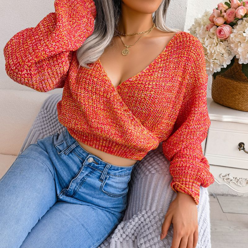 Criss Cross V-Neck Lantern Sleeve Sweater - Image 3