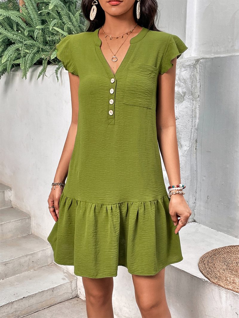 V-Neck Button Short Sleeve Dress - Solid Color - Image 3