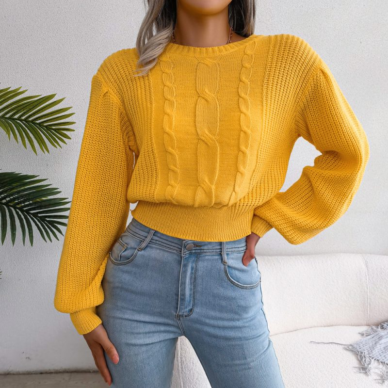 Lantern Sleeve Waist-Trimming Knitted Sweater - Image 6