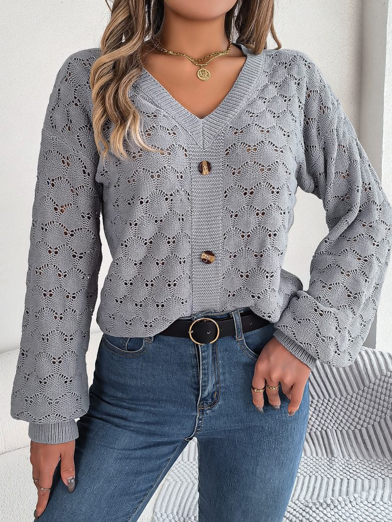 V-Neck Buttoned Lantern Sleeve Sweater - Image 8