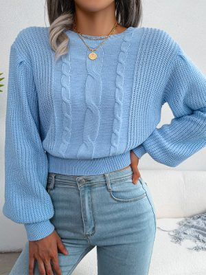 Lantern Sleeve Waist-Trimming Knitted Sweater