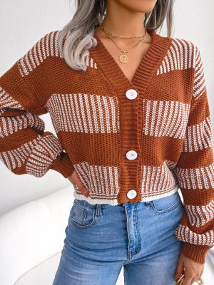 Striped Lantern Sleeve Winter Cardigan for Women