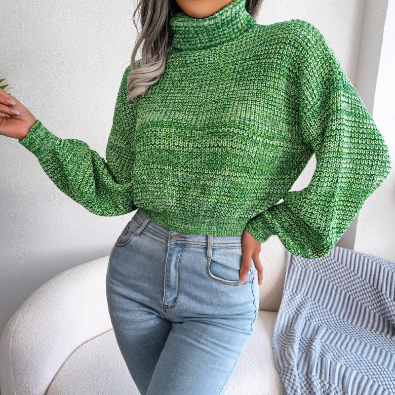 Mixed Color Lantern Sleeve Turtleneck Knit Sweater - Image 3