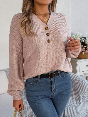 Loose V-Neck Buttons Pullover – Autumn Winter Women’s Fashion