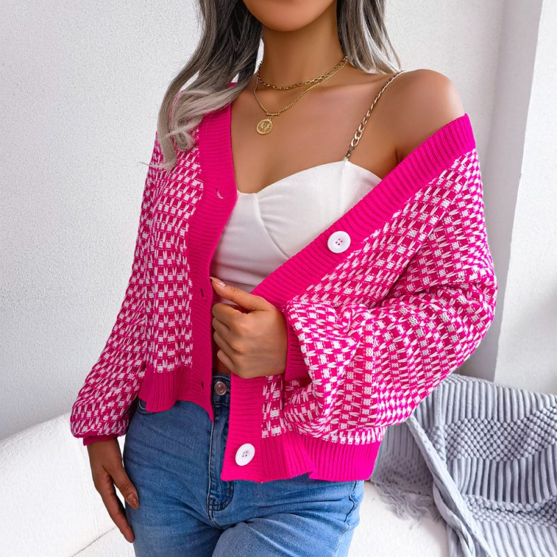 Contrast Check Lantern Sleeve Cardigan - Image 3