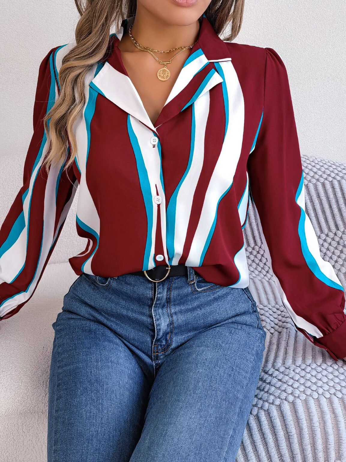 Striped Suit Collar Long Sleeve Shirt for Autumn/Winter - Image 2
