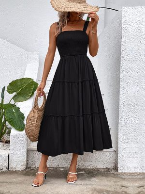 Summer Women Clothing Solid Color Spaghetti Straps Sleeveless Dress