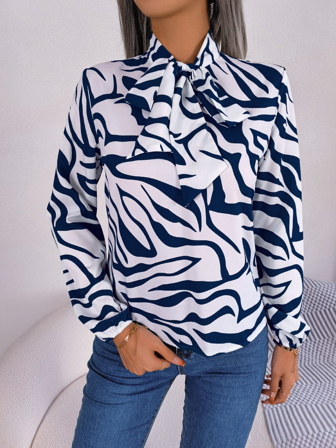 Contrast Color Striped Chiffon Shirt Top - Image 5