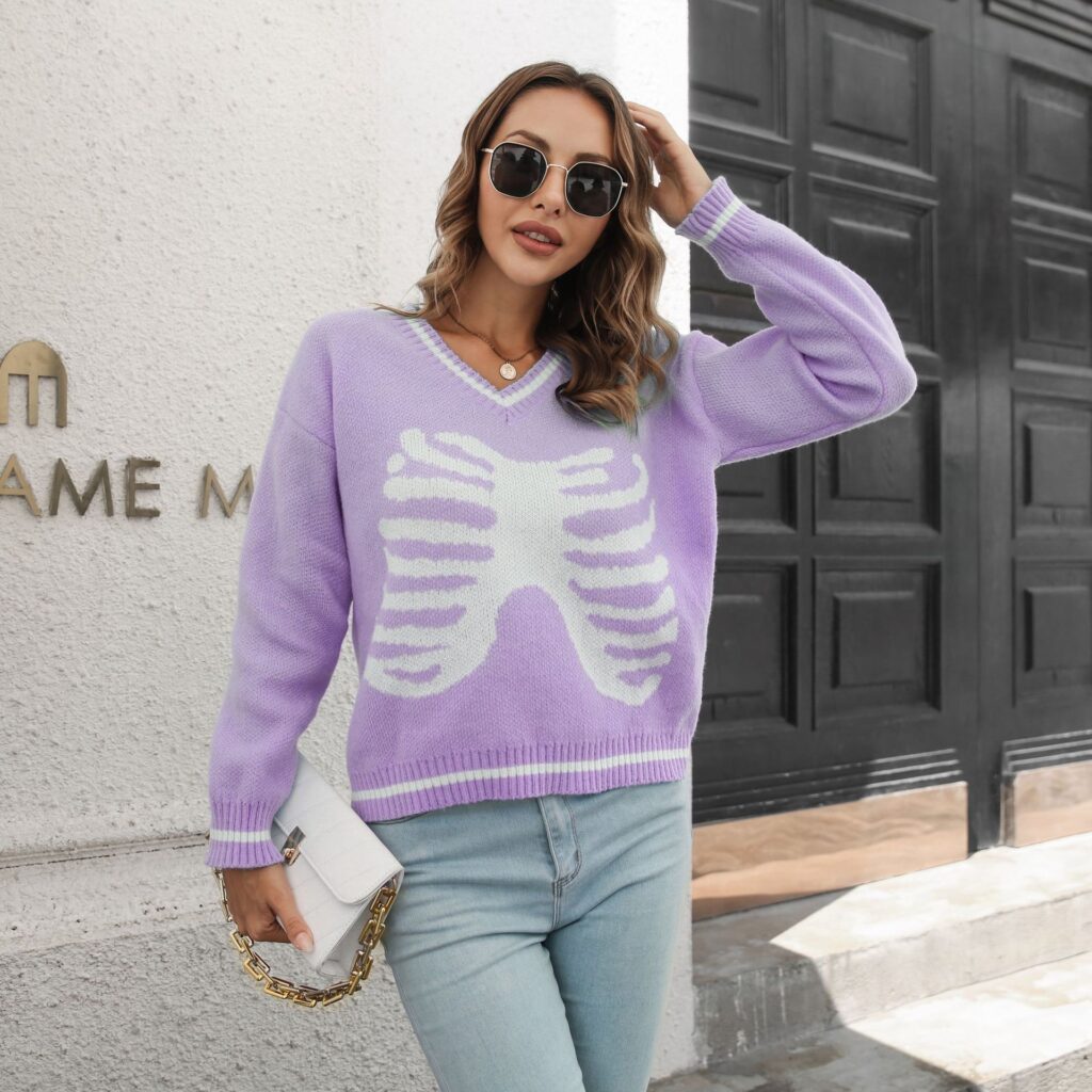 Skull Jacquard V neck Sweater Women  Loose Autumn Halloween Long Sleeve Knitwear Sweater - Image 4