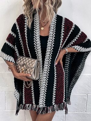 Contrast Color Plaid Ladies Tassel Cape Scarf