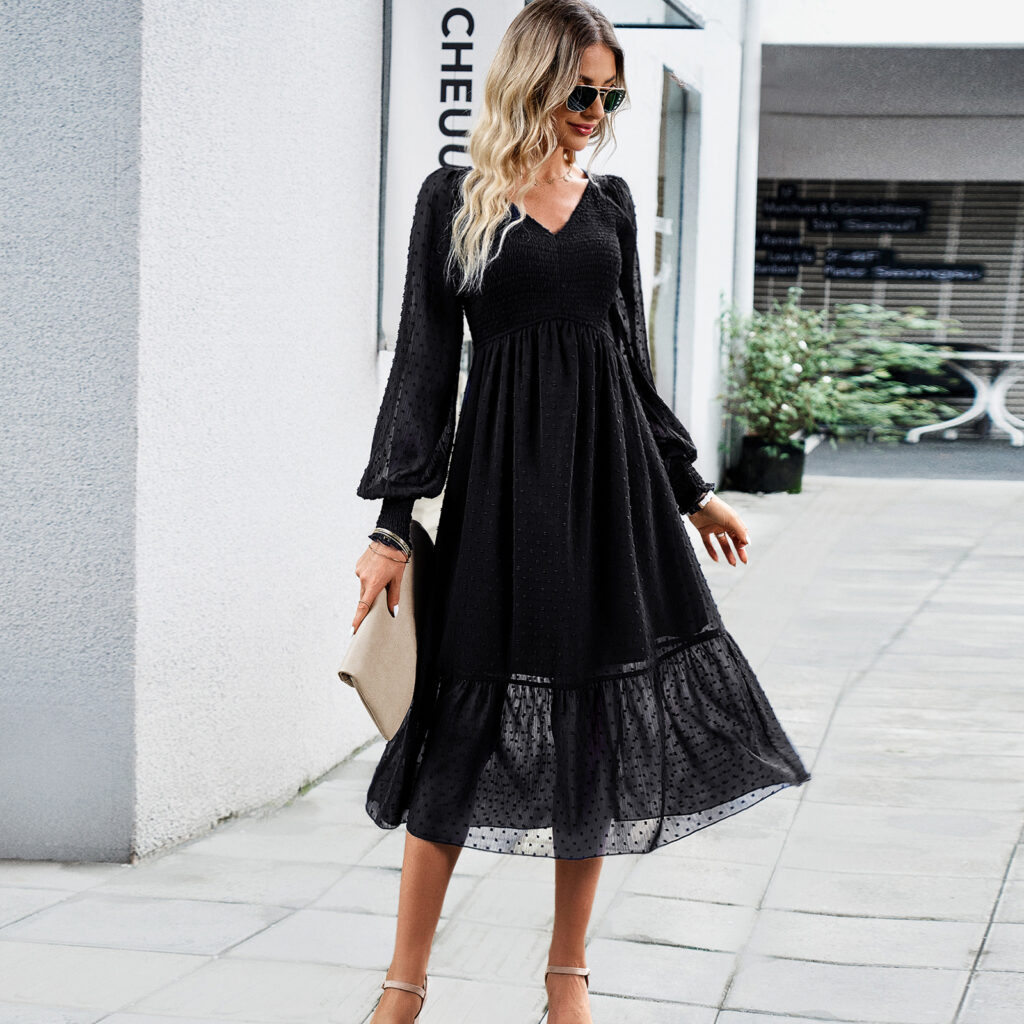 Elegant V-neck Jacquard Dress - Image 3