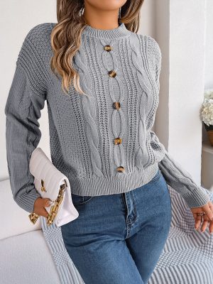 Solid Color Twist Button Pullover – Autumn Winter Women’s Fashion