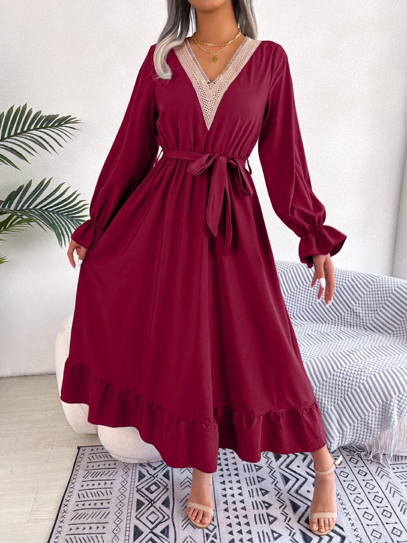 V-Neck Lace Waist-Trimming Ruffles Maxi Dress - Image 2