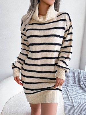 Turtleneck Striped Sweater Dress