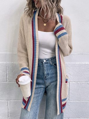 Chic Contrast Color Striped Cardigan Coat