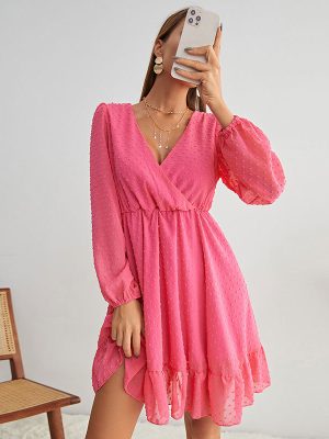 Deep V-Neck Ruffled Dress – Lantern Sleeve Style