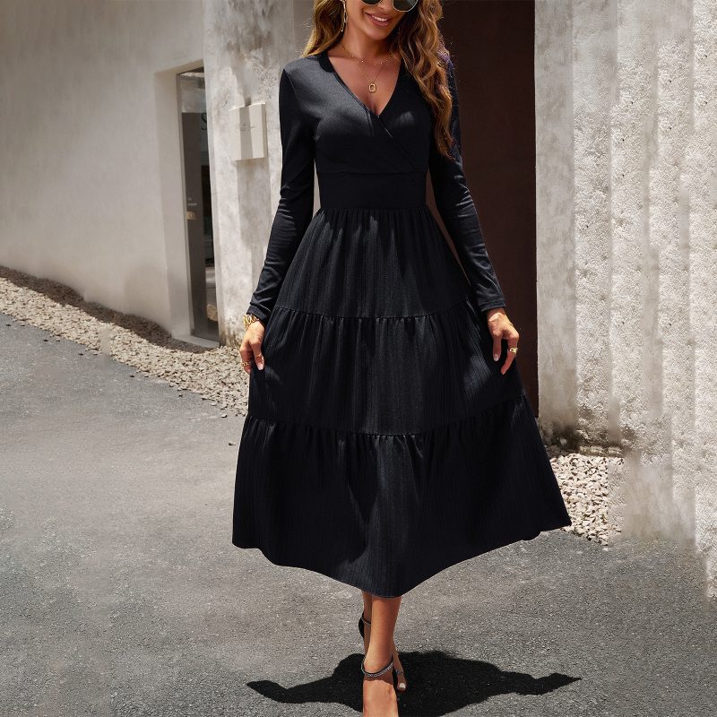 Autumn Dress Office V neck Long Sleeve Pleated Elegant Dress - Image 2