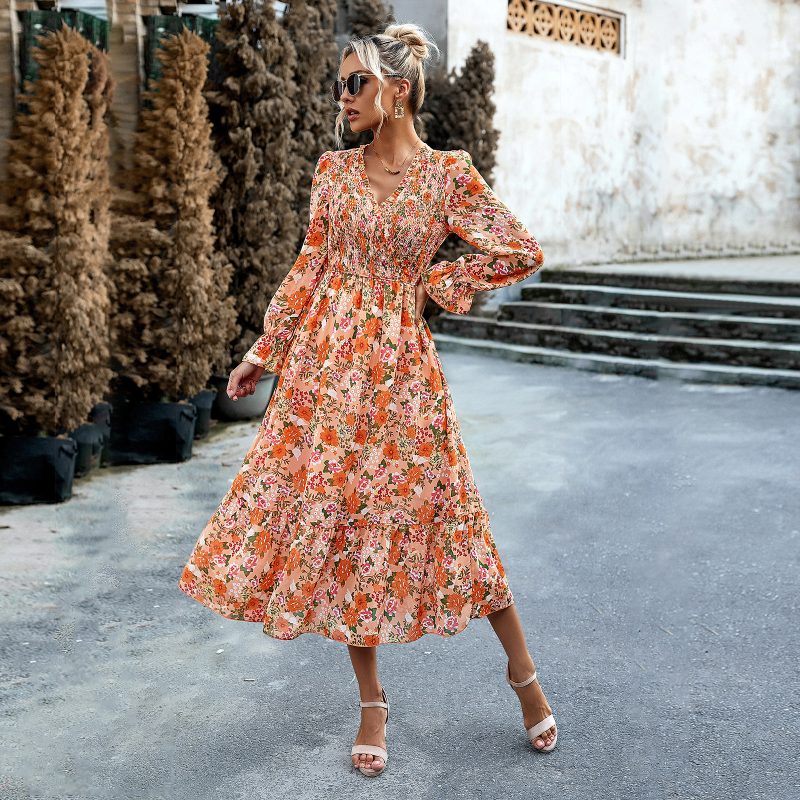 Elegant V-neck Printed Dress