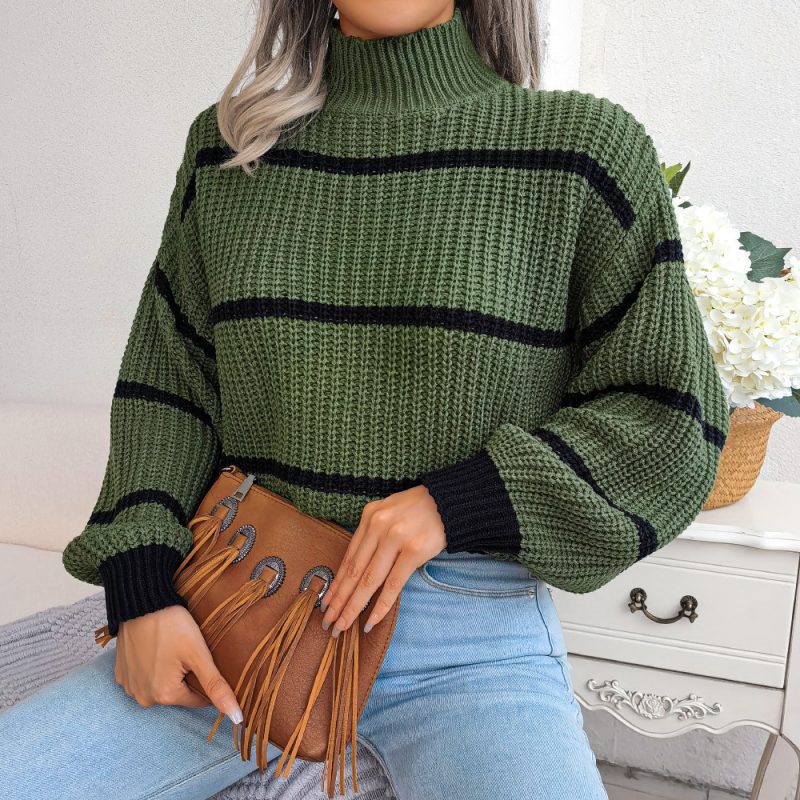 Striped Lantern Sleeve Turtleneck Sweater - Image 6