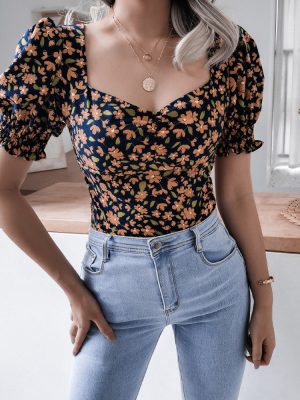 Casual Square Collar Floral Chiffon Blouse