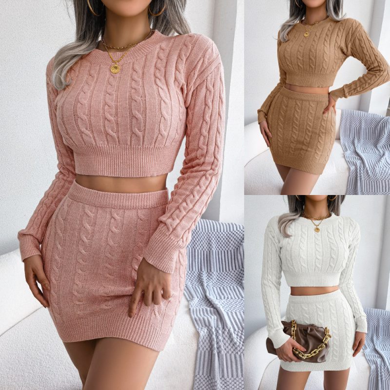 Casual Twist Cropped Baring Sweater Hip Skirt - Image 4