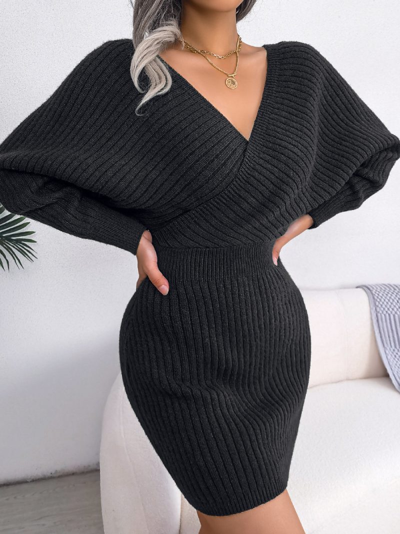 Criss Cross V-Neck Sheath Woolen Dress - Image 5